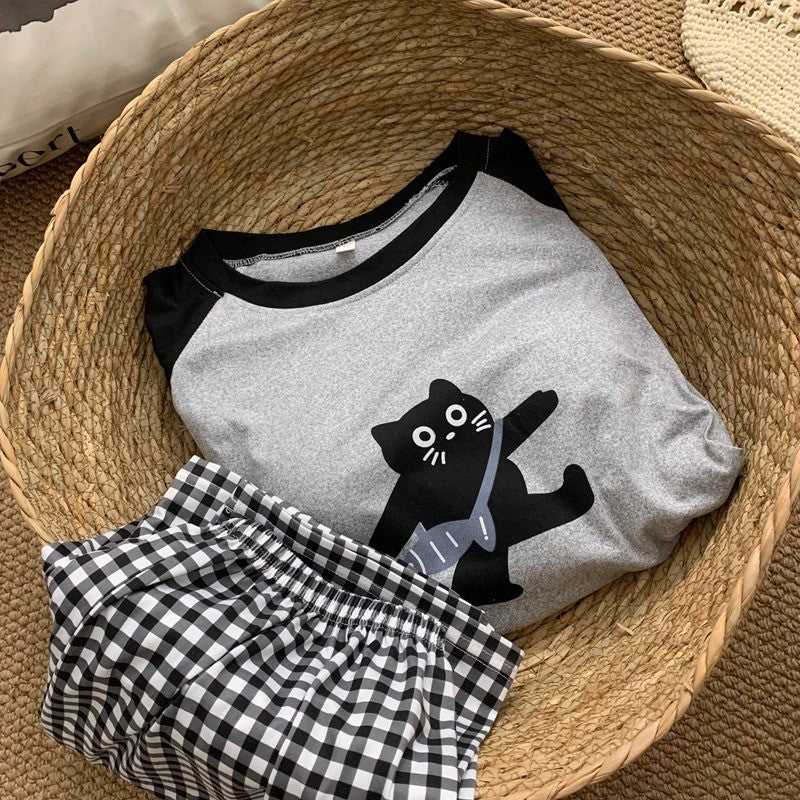 Cartoon HelloKitty Print 2PCS Set Women's Sleepwear with Chest Pad Plus Size Pyjamas Loungewear Crew Neck Loose Pajamas Homewear