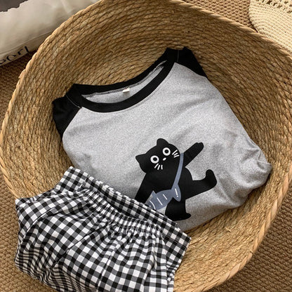 Cartoon HelloKitty Print 2PCS Set Women's Sleepwear with Chest Pad Plus Size Pyjamas Loungewear Crew Neck Loose Pajamas Homewear