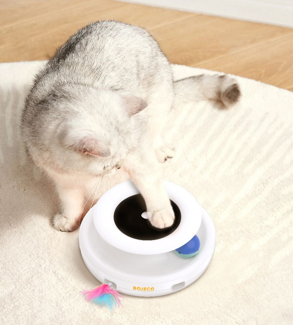 ROJECO Brinquedos Inteligentes para Gatos 2 em 1 Brinquedo Automático de Pena e Bola Divertida para Gatos e Cães, 5 Modos, Acessórios Eletrônicos Interativos para Animais de Estimação