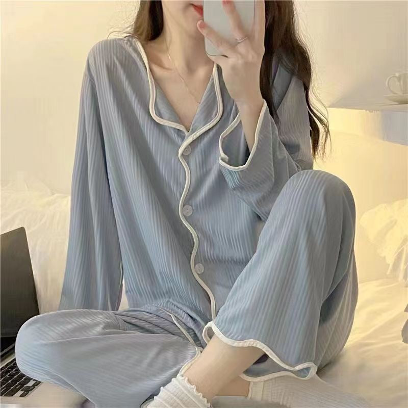 Ins style women's simple long sleeved long pants pajama set Spring/Autumn girl style solid color sweet cardigan home suit set