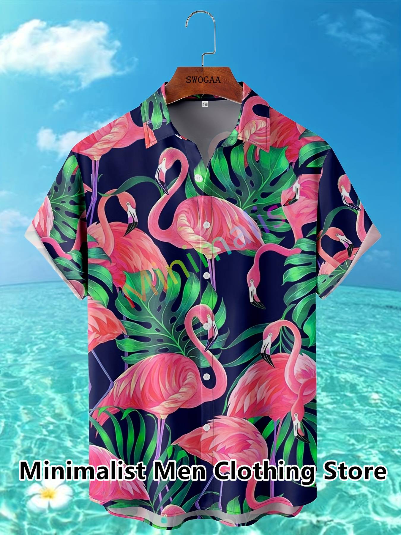 2023 Leaf and Flamingo Print Shirt For Men Hawaiian Shirt Casual Beach Short Sleeve Fashion Tops Male Blouse Summer Clothing
