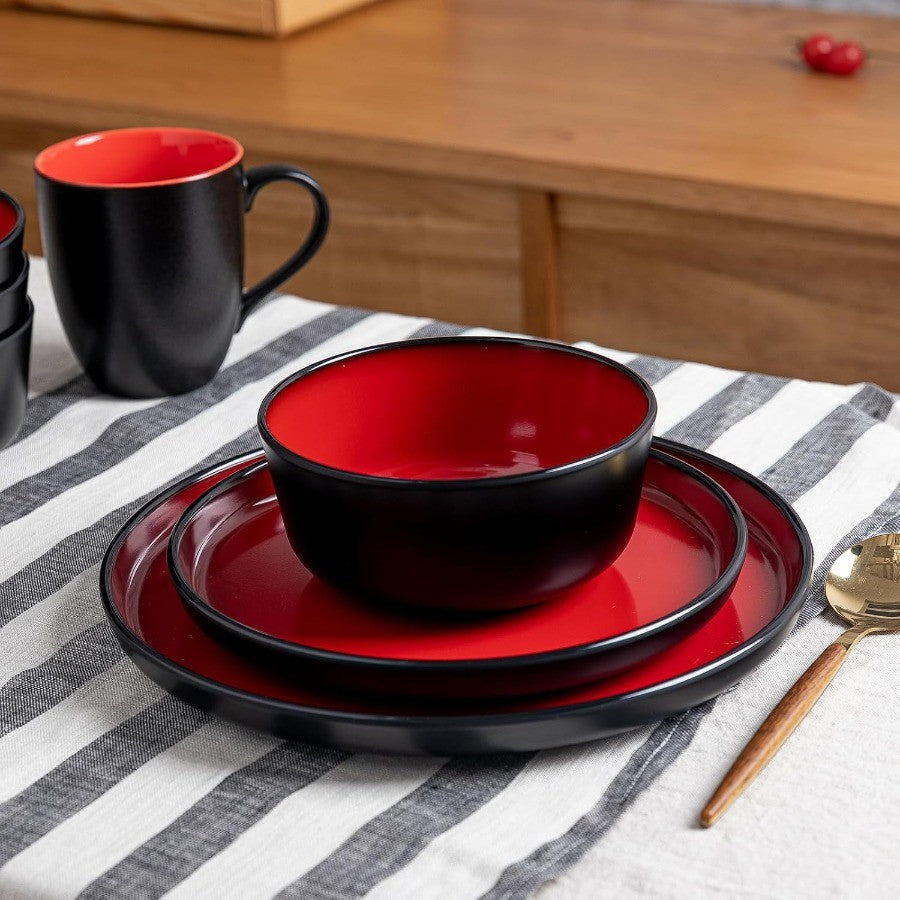 12Piece Modern Dinnerware Set Kitchen Plates and Bowls Sets Luxury 2 tone Red and Black Ceramic look Dish Set for 4.Christmas L