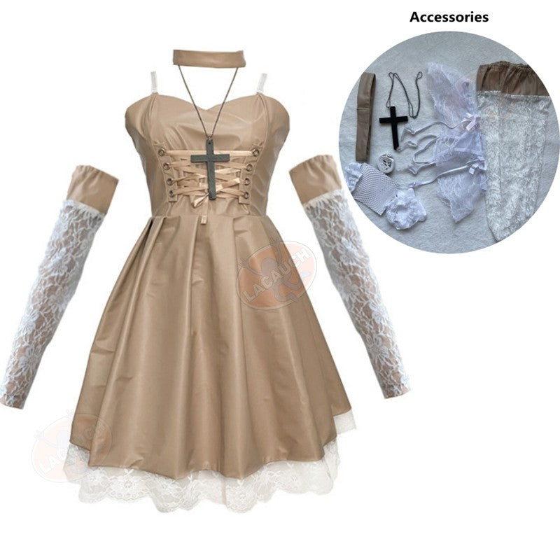 Death Note Cosplay Costume Misa Amane Imitation Leather Sexy Dress +Neck jewelry+stockings+necklace Uniform Outfit Halloween Wig