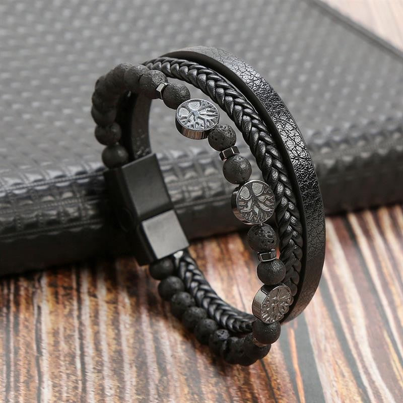 Pulseira de Couro Jiayiqi Masculina Punk Hip Hop Metal Charm Contas Olho de Tigre Pulseira Multicamadas para Homens Joia da Moda Presente