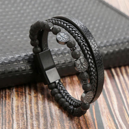 Pulseira de Couro Jiayiqi Masculina Punk Hip Hop Metal Charm Contas Olho de Tigre Pulseira Multicamadas para Homens Joia da Moda Presente
