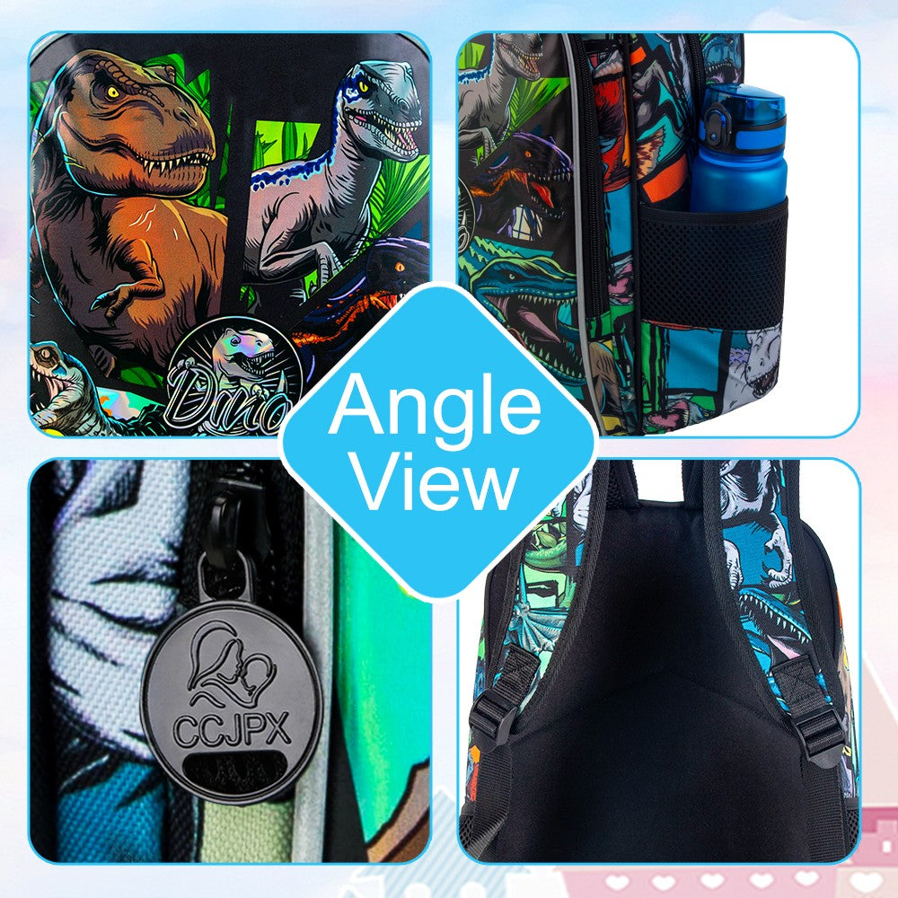 Mochila 3 Peças para Meninos, Mochilas Infantis de Dinossauro 16 Polegadas, Mochilas Escolares Legais para Ensino Fundamental e Pré-escola