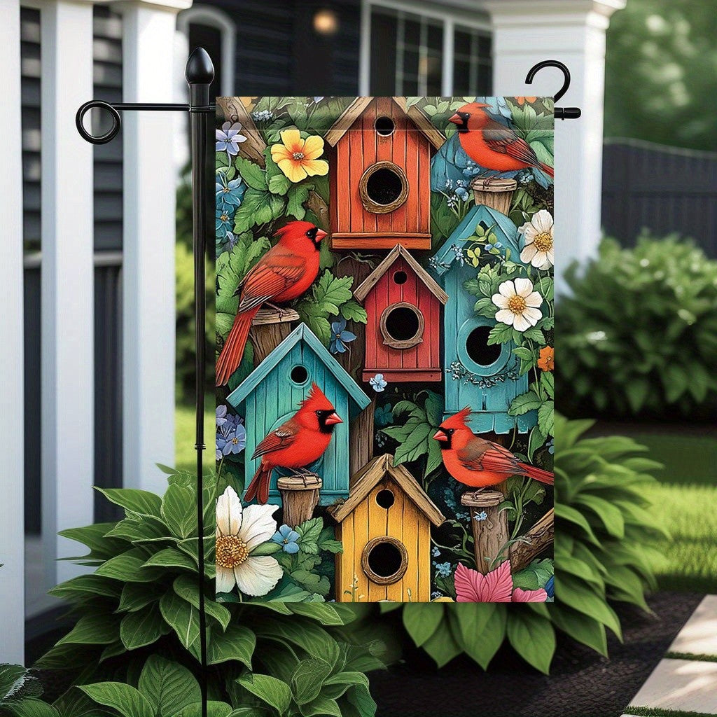 1pc Vibrant Cardinal Birdhouse Garden Flag - Double-Sided Polyester Lawn Flag, 11.81 x 17.72 Inches, Colorful Spring Nest Box De