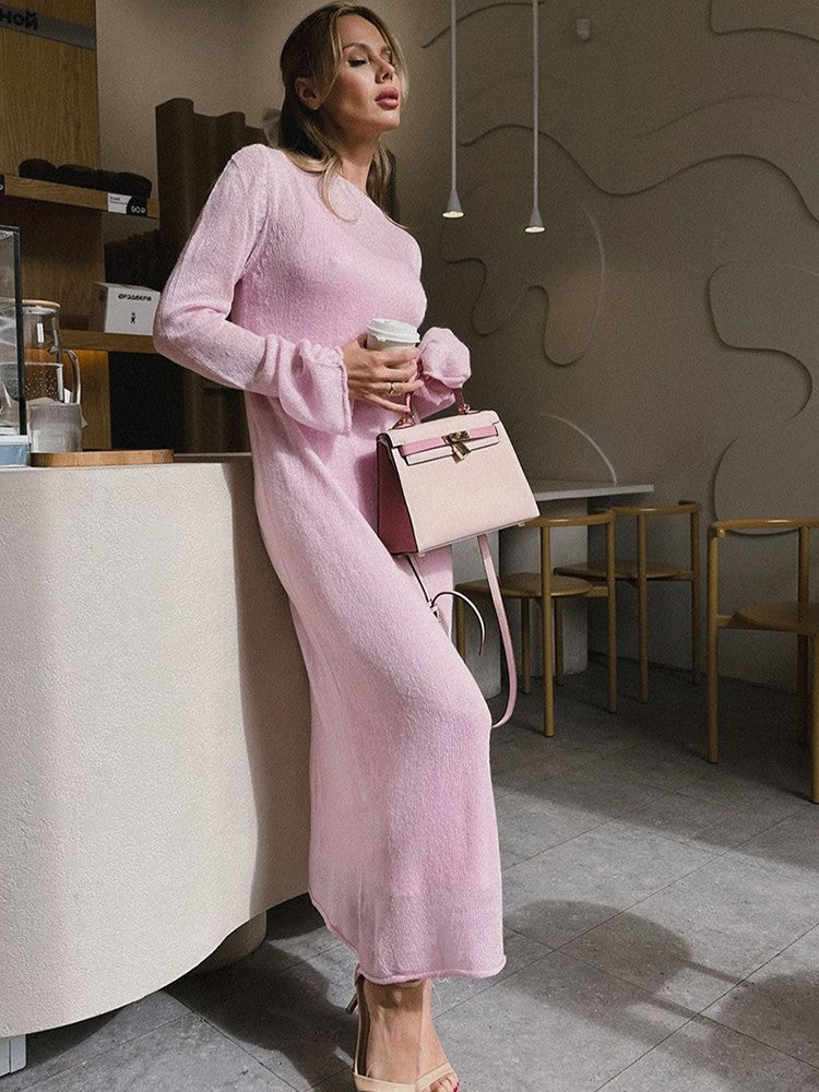 Spring Autumn O-Neck Elastic Knit Long Dresses Women 2024 Elegant Chic Soft Lady