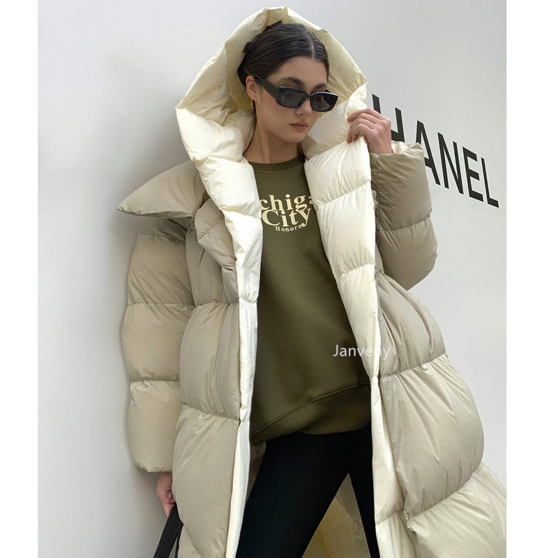 Janveny Fluffy White Duck Down Jacket Women Winter Thickness Warm Long Puffer Coat Hooded Female Fashion Fake Two-piece Parkas