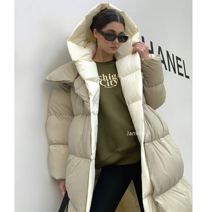 Janveny Fluffy White Duck Down Jacket Women Winter Thickness Warm Long Puffer Coat Hooded Female Fashion Fake Two-piece Parkas