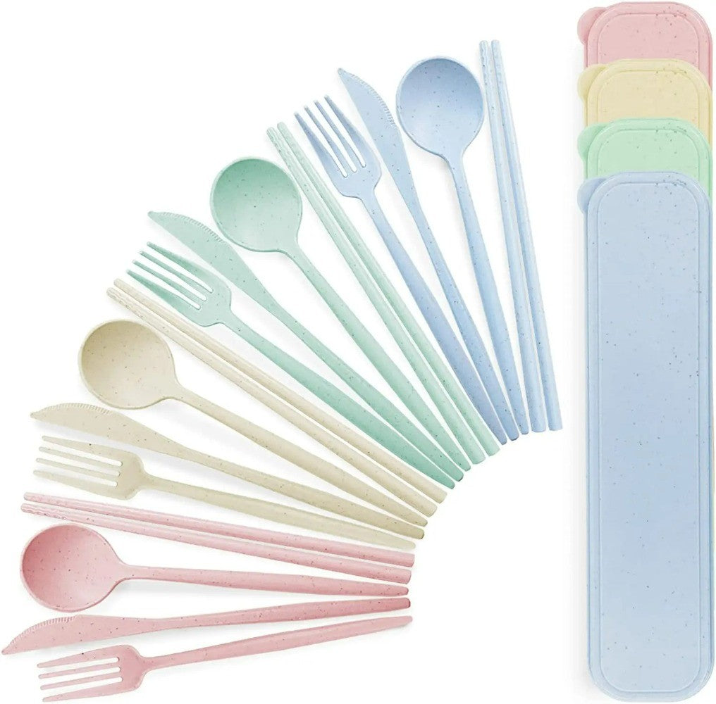 4Pcs Portable Tableware Set 4 In 1 Wheat Straw Dinnerware Cutlery Travel Tableware Picnic Dinnerware Camping Cutlery Set