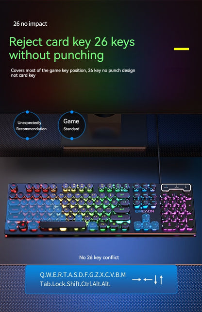 Teclado Gamer EWEADN GX330 Typewriter, 104 Teclas Retro Punk com Teclas Redondas com Fio, com Luz de Fundo RGB, para PC Laptop Windows preto