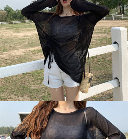 Women's 2025 Women's Summer New Beach Long sleeved Sunscreen Jacket Loose Hoodie Drawstring Upward Shirt
