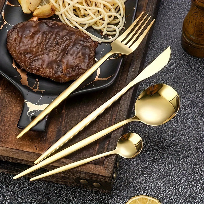 Conjunto de talheres de aço inoxidável banhado a ouro e titânio preto, com 5 peças, cabo com talheres de boca e conjunto de talheres de mesa