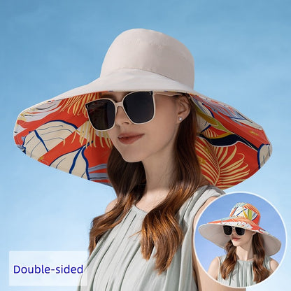 Chapéu Feminino de Verão Dupla Face com Aba Larga Proteção Solar Flor Praia Elegante Ao Ar Livre Protetor Solar Atacado Novo