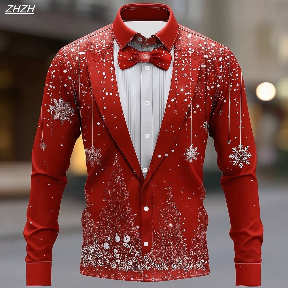 2025 Men's Christmas Snowflake Formal Shirt, 3D Printed Tie Design,Elegant Tuxedo Style,Holiday Party Wedding Attire,Spring Wear