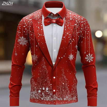 2025 Men's Christmas Snowflake Formal Shirt, 3D Printed Tie Design,Elegant Tuxedo Style,Holiday Party Wedding Attire,Spring Wear