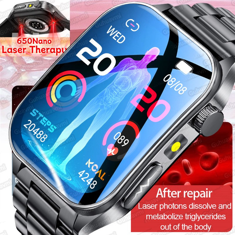 2025Novo 650nm Laser Condicionamento Safira Vidro Smart Watch Homens ECG Frequência Cardíaca Micro Exame Físico Saúde Smartwatch Temperatura
