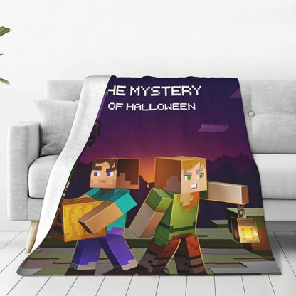 Cartoon Mines Pixel Game Crafts Flannel Blanket Super Warm Throw Blanket for Home Decor Decorative Street Trend Bedspread