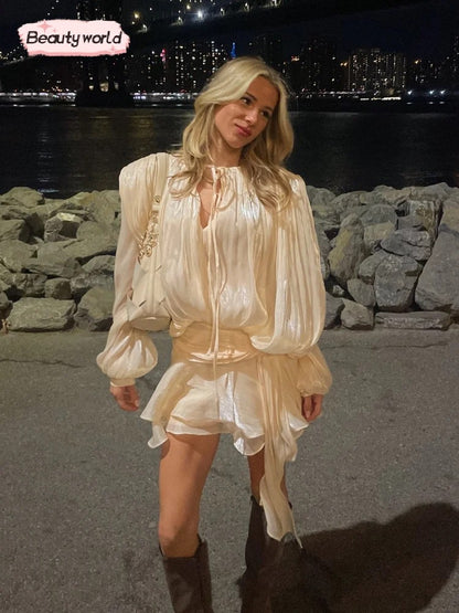 Elegant Ruffles Shiny Mini Dresses Fashion Solid Long Sleeve Lace Up V Neck Plea