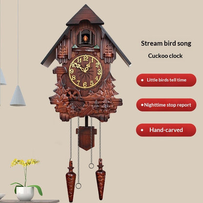 Wall Clock Hand Carved Solid Wood Cuckoo Musical Pendulum Silent Kids Room Home Decor Living Room Bedroom Clock Modern Design