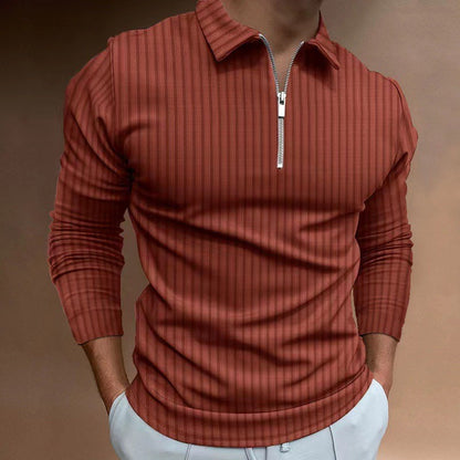 2024 New Men's Autumn And Winter Solid Color Lapel Leisure Sports Polo Shirt Zipper Striped Long Sleeve High Elasticity