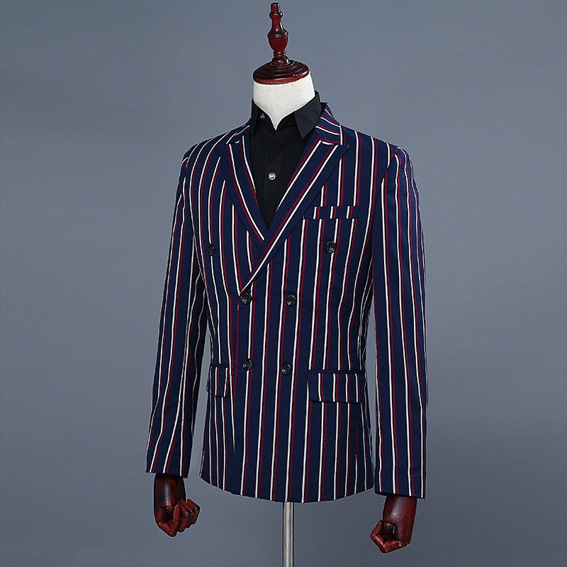 Navy Blue Mens Double-breasted Suit Two-piece Set, White Vertical Striped Jacket Paired with Matching Trousers, Asian Size S-XXL