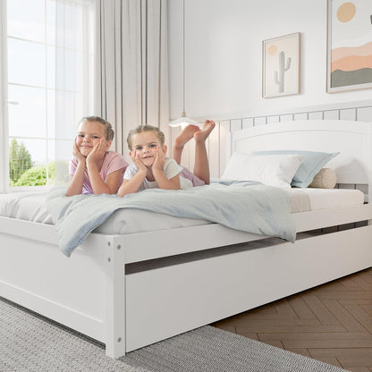 Daybed with Trundle, Twin Size Pull Out Bed, Solid Wood Extendable Day with Trundle Bed Twin, Include Slat Support (Whit