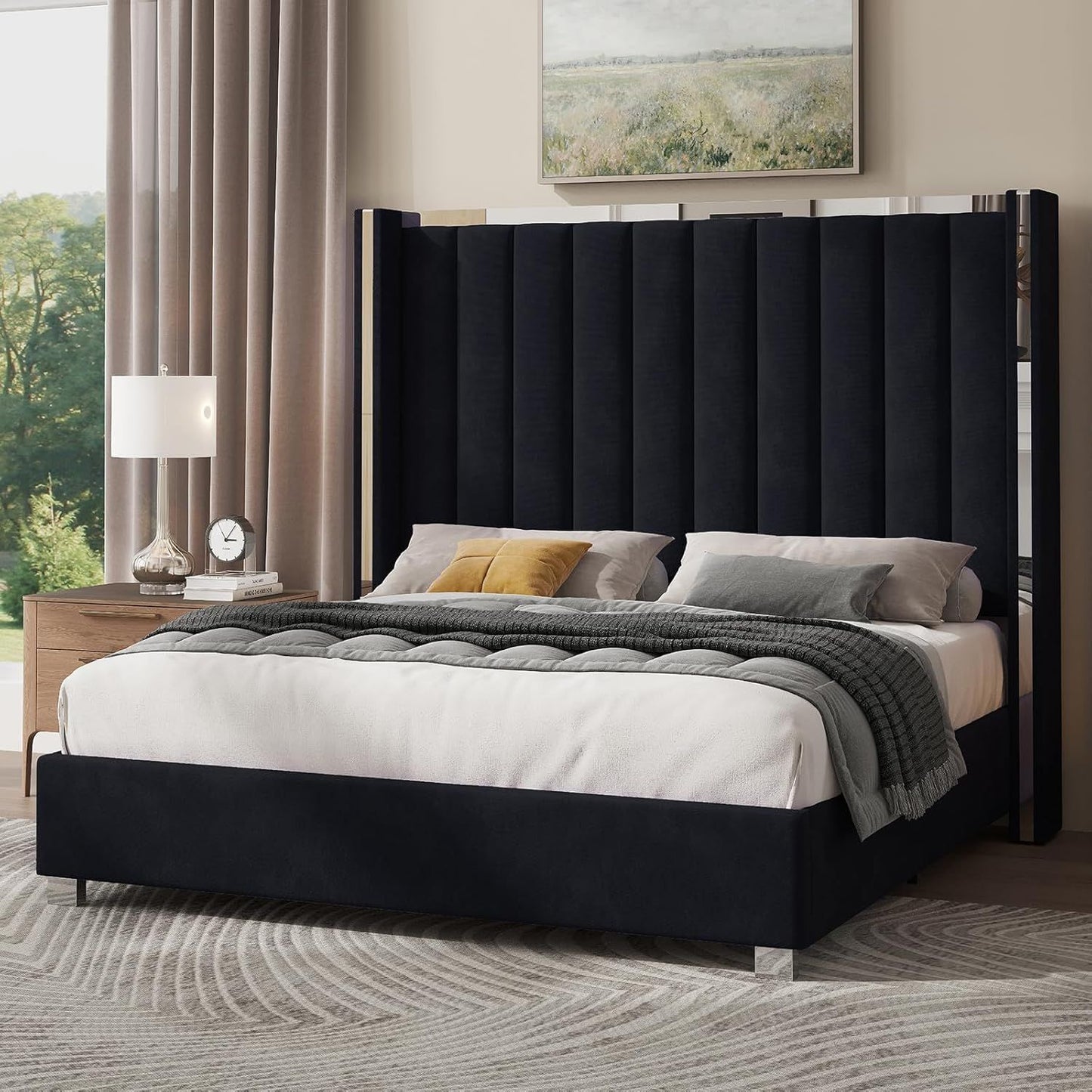 Estrutura de Cama Queen Size com Cabeceira de 147 cm de Altura, Cama Plataforma Estofada em Veludo com Cabeceira de Asas com Capitonê Canalizado e
