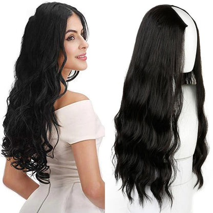 Meia Peruca Cacheada Longa Ondulada em U para Mulheres 60 cm Natural Feminina Peruca Longa Preta Marrom Extensões de Cabelo Sintético Resistente ao Calor