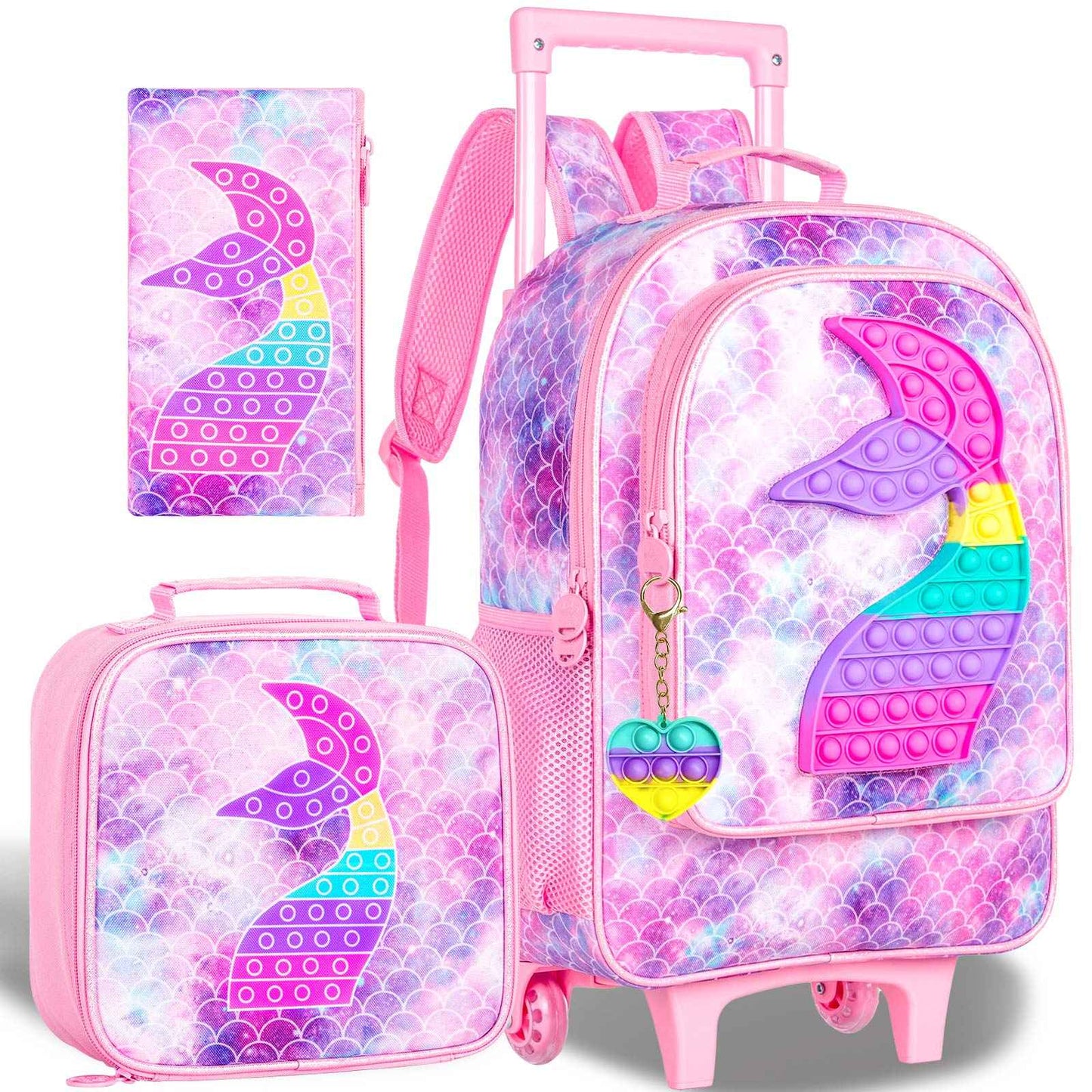 3PCS Kids Rolling Backpack for Girls, Mermaid Roller Wheeled Bookbag Toddler Elementary School Bag with Wheels - Pink