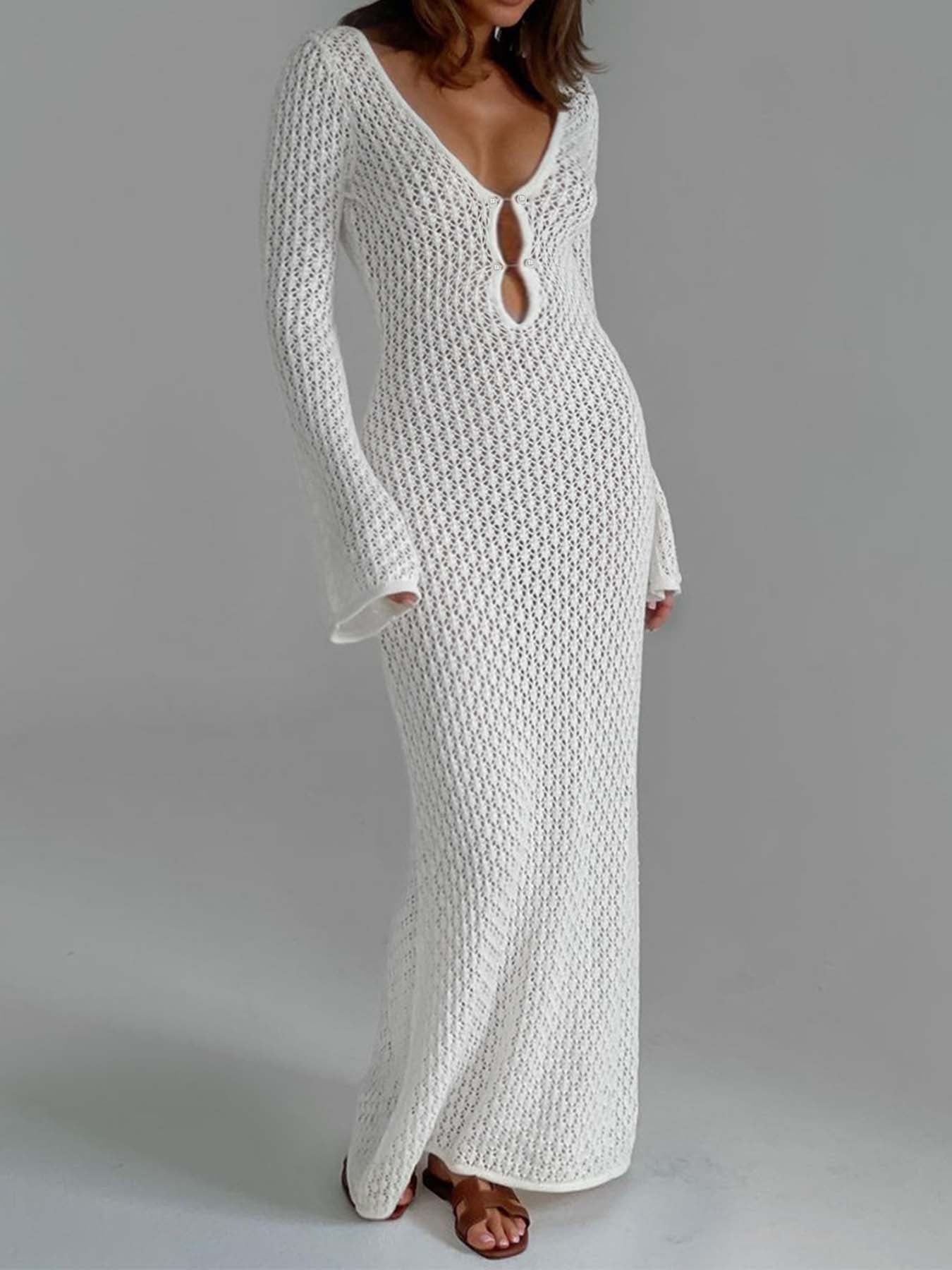 Sexy Women White Long Knit Sleeve Bikin Fashion Cover up Female See-Through Deep