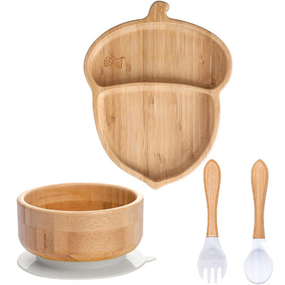 4pcs Bamboo Plate Sets Baby Feeding Bowl Wooden Kids Feeding Supplies Spoon Fork for Baby Tableware Suction Plate Bowl Cup