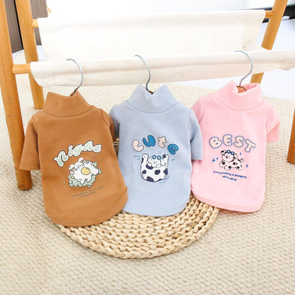 Camisa de base quente com gola alta de pelúcia para animais de estimação, moletom grosso de desenho animado para outono e inverno, roupas para cães para atividades ao ar livre