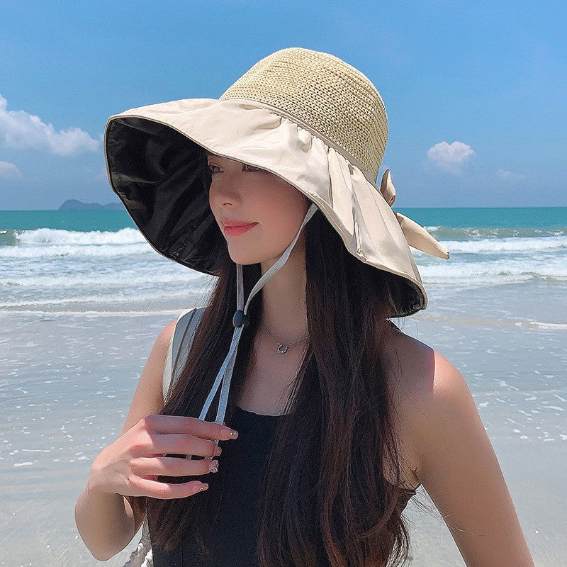Summer Sun hat women's straw woven anti ultraviolet sun visor hat with big brim seaside black glue breathable Bucket hat sun hat