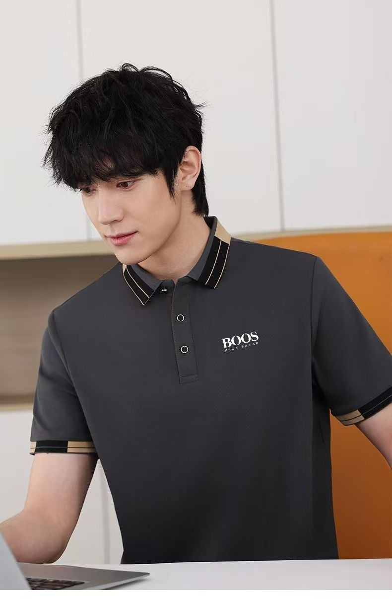 Men'S New Embroidered Short Sleeved Striped Grid Polo Shirt, Business Casual Fashionable Breathable Clothing, Youthful Fashion,