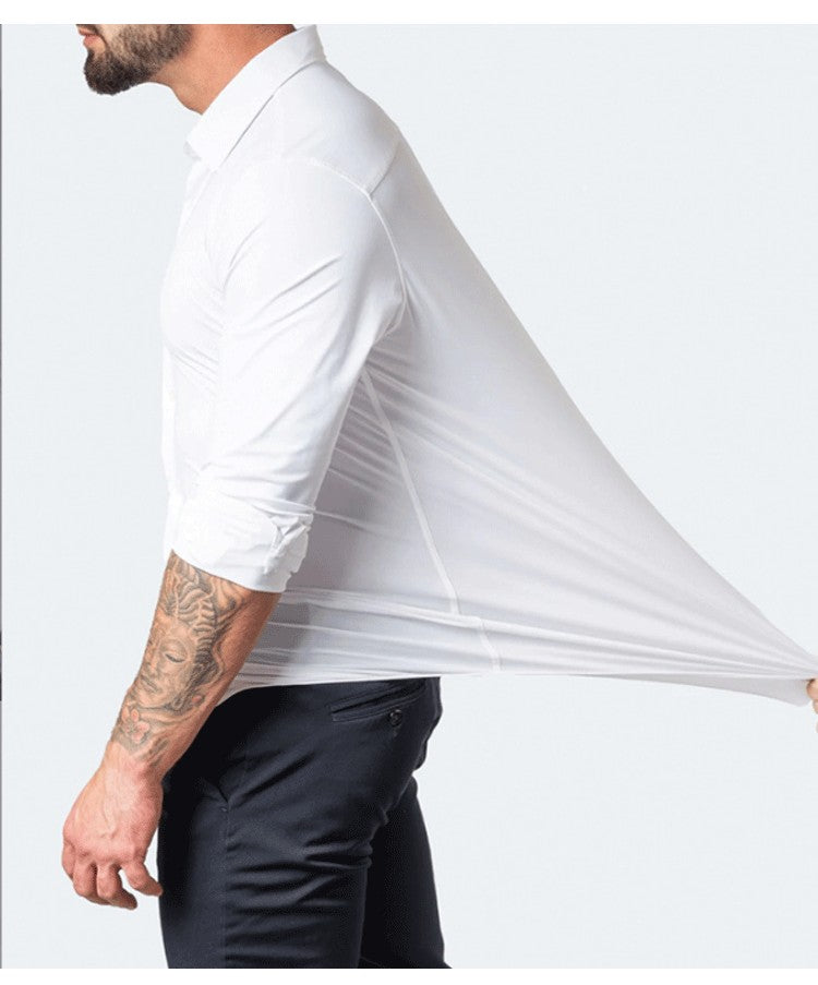 Plus Size 7XL 6XL High Elasticity Seamless Spandex Shirt Men Long Sleeve Slim Fit Casual Solid Color Social Formal Dress Shirts