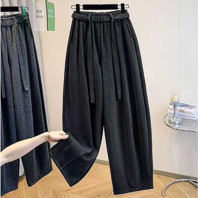 2025 Autumn Winter New All-match Fashionable Solid Color Elastic Waist Wide Leg Pants Women Clothes Casual Drawstring Trousers