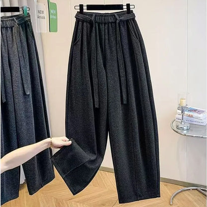 2025 Autumn Winter New All-match Fashionable Solid Color Elastic Waist Wide Leg Pants Women Clothes Casual Drawstring Trousers