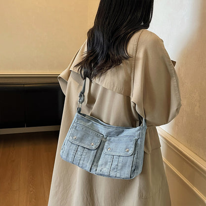 Vintage Washed Canvas Fashionable Bag, Women's Crossbody Bag, Large Capacity Commuting Casual Denim Shoulder Bag
