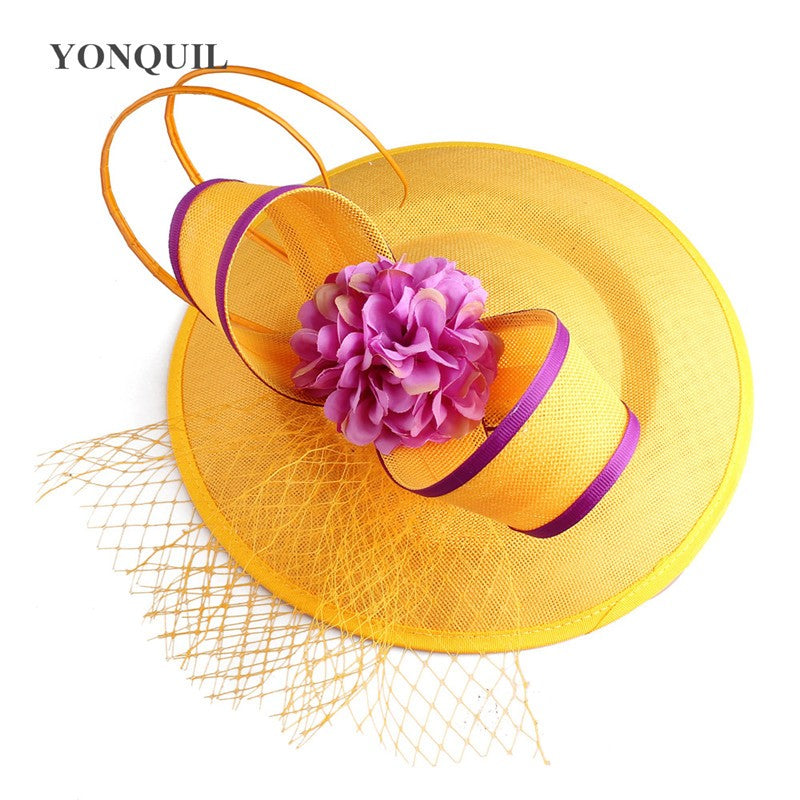 Novo Design Amarelo Com Cabelo Roxo Fascinator Chapéu Tiara Nupcial Casamento Festa Adereço de Cabelo Malha Senhoras Ocasião Acessórios de Cabelo