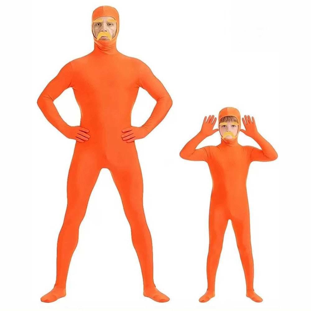 Halloween Orange Zentai Suit Open Face Full Body Bodysuit with Yellow Mustache Eyebrow for Adult Kid Cosplay Party Costume