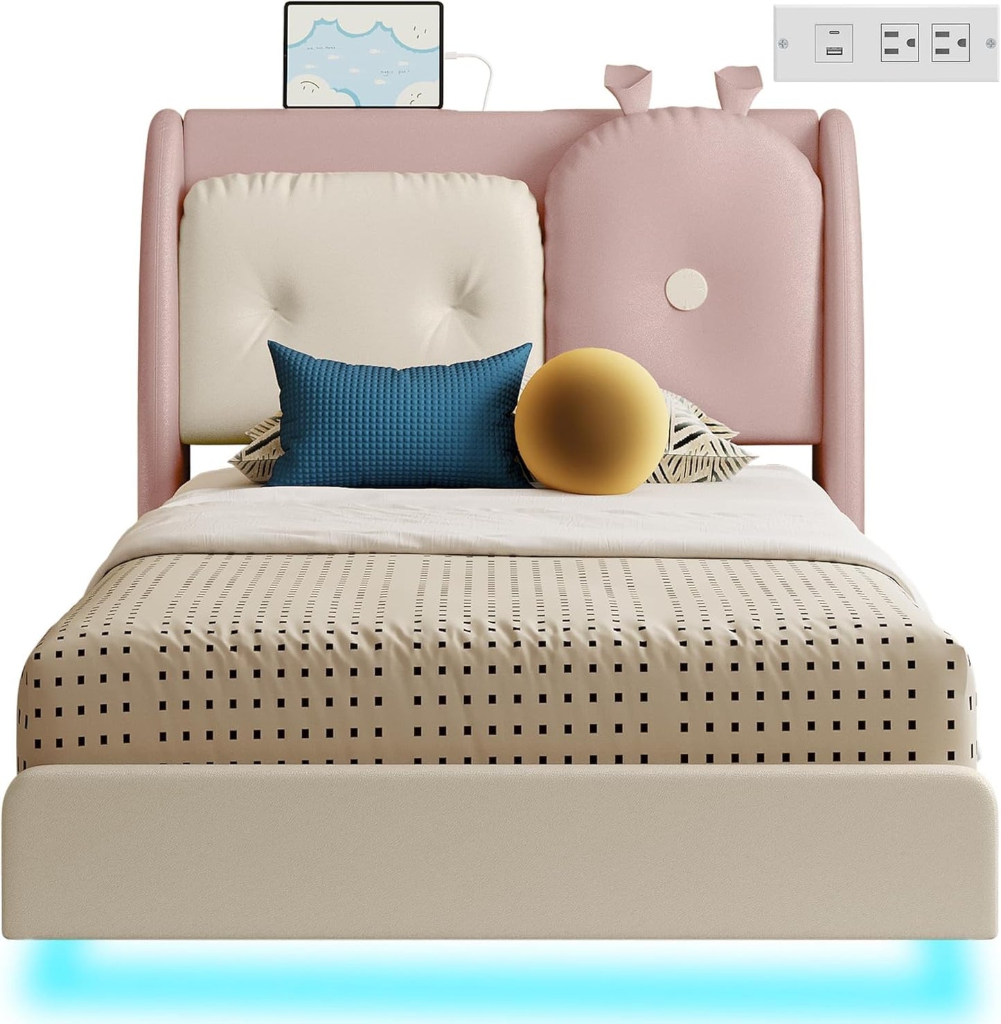 Twin Floating Bed Frame, Platform Bed Frame with Leather Upholstered Headboard, Charging Station & LED Light, Solid Wood