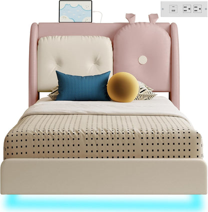 Twin Floating Bed Frame, Platform Bed Frame with Leather Upholstered Headboard, Charging Station & LED Light, Solid Wood