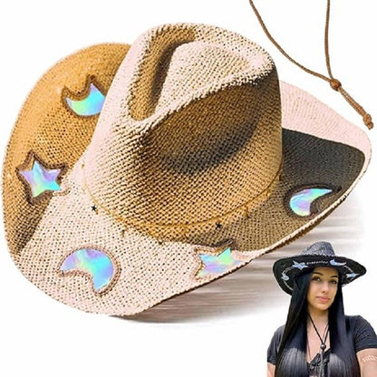 Chapéus de Sol Femininos de Praia de Verão com Lantejoulas de Estrela da Lua, Estilo INS, Chapéu de Sol de Palha Vazado Boêmio Ocidental Estilo Cowgirl