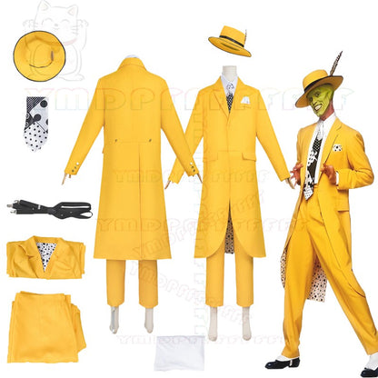Anime JimCarry Mask Man Yellow Long Suit Cosplay Set Green Face Man Halloween Costume New