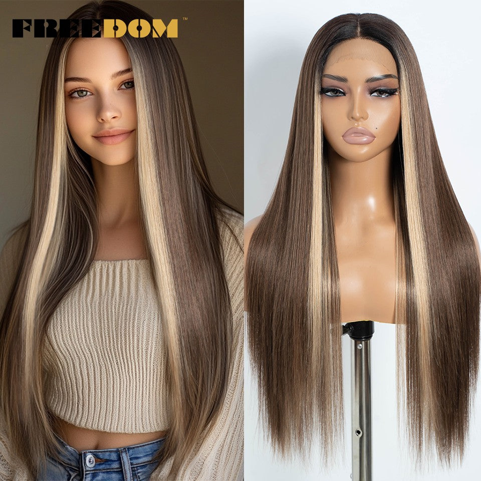 FREEDOM Synthetic Lace Front Wigs For Women Ombre Brown Highlight Long Straight Lace Wig Heat Resistant Cosplay Wigs