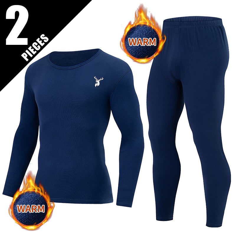 2-piece Autumn And Winter Men's Fashion Lucky Deer Pattern Solid Color Basic Warm Underwear Set Comfortable Long Sleeve Pants