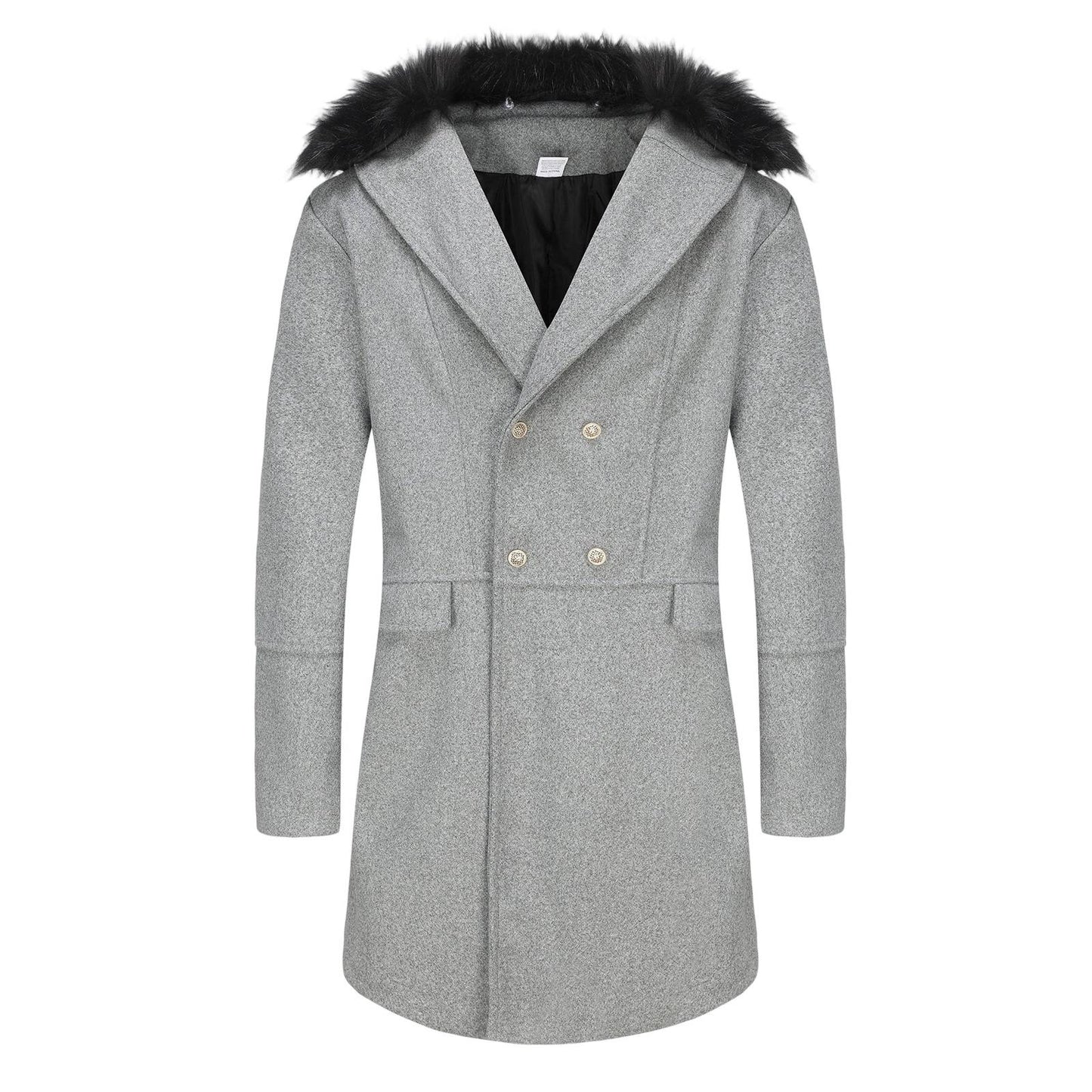 Men s Classic Double Breasted Trench Coat with Removable Fur Collar Mid-Length Wool Blend Overcoat for Winter Warmth