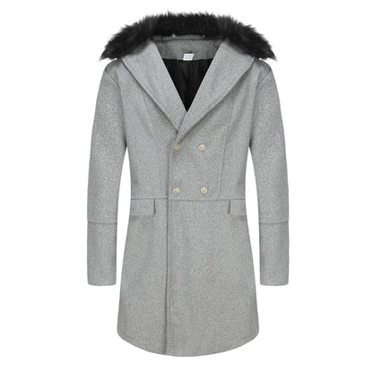 Men s Classic Double Breasted Trench Coat with Removable Fur Collar Mid-Length Wool Blend Overcoat for Winter Warmth